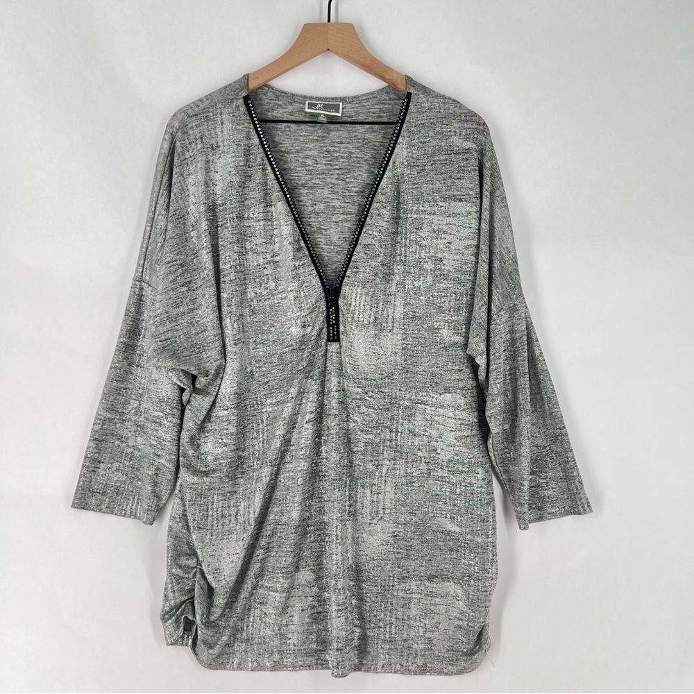JM Collection Metallic Silver Stretch Knit V-Neck Rhinestone Zipper Tunic XL